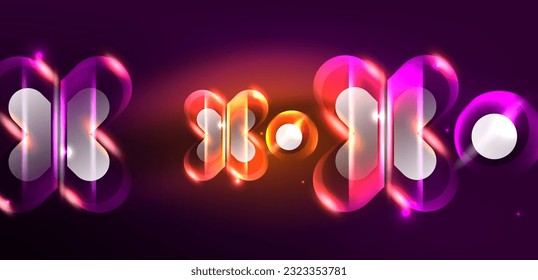 Neon glowing geometric shapes vector abstract background. Round elements, light effects and glass glossy style with color backdrop. Space cosmic or magic energy wallpaper
