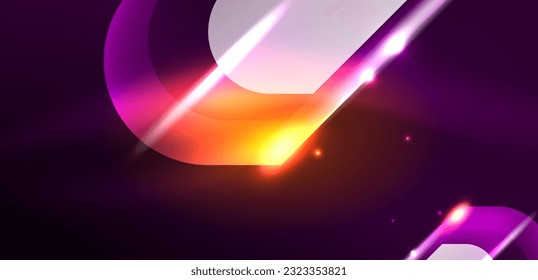 Neon glowing geometric shapes vector abstract background. Round elements, light effects and glass glossy style with color backdrop. Space cosmic or magic energy wallpaper