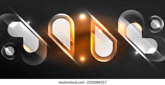 Neon glowing geometric shapes vector abstract background. Round elements, light effects and glass glossy style with color backdrop. Space cosmic or magic energy wallpaper