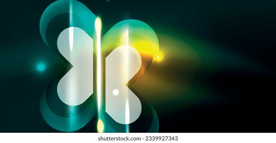 Forma geométrica neón de fondo abstracto vectorial. Elementos redondos, efectos de luz y estilo brillante de vidrio con fondo de color. Papel de fondo espacial de energía cósmica o mágica