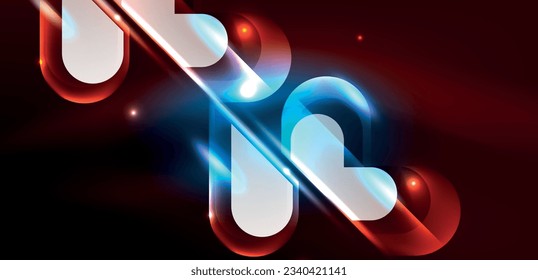 Forma geométrica neón de fondo abstracto vectorial. Elementos redondos, efectos de luz y estilo brillante de vidrio con fondo de color. Papel de fondo espacial de energía cósmica o mágica