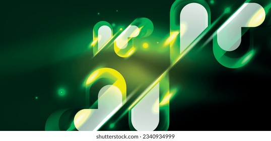 Neonleuchtende geometrische Formen, abstrakter Vektorhintergrund. Runde Elemente, Lichteffekte und glänzender Stil mit Farbhintergrund. Weltraumkosmische oder magische Energiedatei
