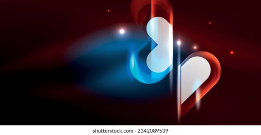 Neon glowing geometric shapes vector abstract background. Round elements, light effects and glass glossy style with color backdrop. Space cosmic or magic energy wallpaper