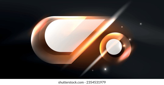 Neon glowing geometric shapes vector abstract background. Round elements, light effects and glass glossy style with color backdrop. Space cosmic or magic energy wallpaper