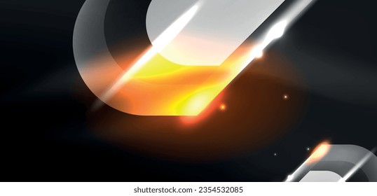Neon glowing geometric shapes vector abstract background. Round elements, light effects and glass glossy style with color backdrop. Space cosmic or magic energy wallpaper
