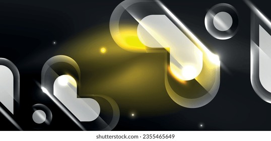 Neon glowing geometric shapes vector abstract background. Round elements, light effects and glass glossy style with color backdrop. Space cosmic or magic energy wallpaper