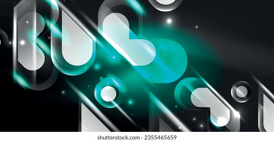 Neon glowing geometric shapes vector abstract background. Round elements, light effects and glass glossy style with color backdrop. Space cosmic or magic energy wallpaper
