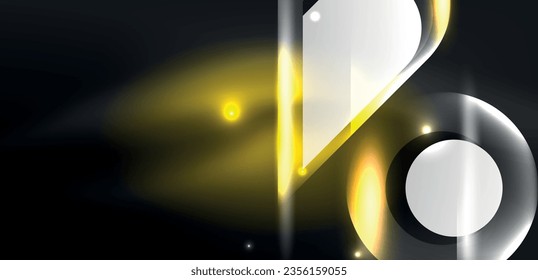 Neon glowing geometric shapes vector abstract background. Round elements, light effects and glass glossy style with color backdrop. Space cosmic or magic energy wallpaper