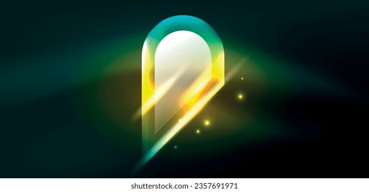 Neon glowing geometric shapes vector abstract background. Round elements, light effects and glass glossy style with color backdrop. Space cosmic or magic energy wallpaper