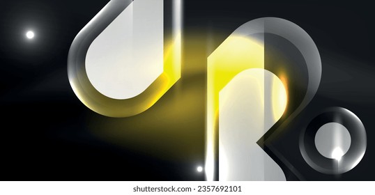 Neon glowing geometric shapes vector abstract background. Round elements, light effects and glass glossy style with color backdrop. Space cosmic or magic energy wallpaper