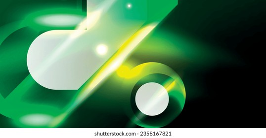 Neon glowing geometric shapes vector abstract background. Round elements, light effects and glass glossy style with color backdrop. Space cosmic or magic energy wallpaper