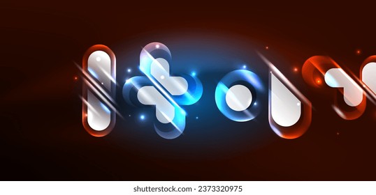 Neon glowing geometric shapes vector abstract background. Round elements, light effects and glass glossy style with color backdrop. Space cosmic or magic energy wallpaper
