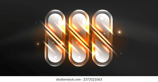 Neon glowing geometric shapes vector abstract background. Round elements, light effects and glass glossy style with color backdrop. Space cosmic or magic energy wallpaper