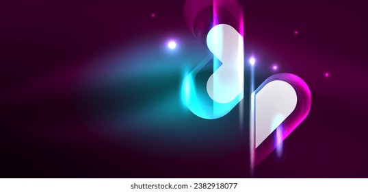 Neon glowing geometric shapes vector abstract background. Round elements, light effects and glass glossy style with color backdrop. Space cosmic or magic energy wallpaper