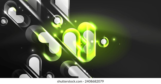Forma geométrica neón de fondo abstracto vectorial. Elementos redondos, efectos de luz y estilo brillante de vidrio con fondo de color. Papel de fondo espacial de energía cósmica o mágica
