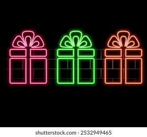 Neon Glowing Gift box icon. neon gift box. Gift box. Happy Birthday concept. Outer glowing effect banner on the black background..pink.