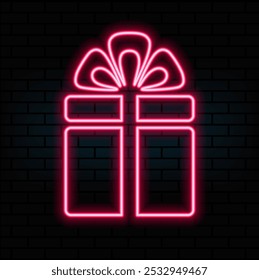 Ícone de caixa de presente neon brilhante. caixa de presente neon. Caixa de presente. Conceito de feliz aniversário. Banner de efeito externo brilhante no plano de fundo preto.. cor rosa.