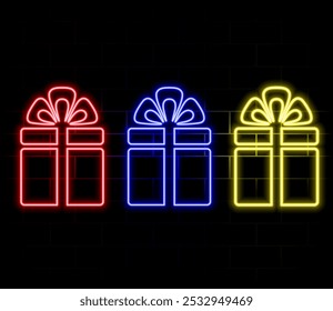 Neon Glowing Gift box icon. neon gift box. Gift box. Happy Birthday concept. Outer glowing effect banner on the black background..