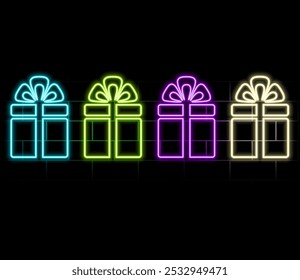 Symbol des Leuchtenden Geschenkbox. Neon-Geschenkbox. Geschenkbox. Happy Birthday Konzept. Äußeres glühendes Effekt-Banner auf schwarzem Hintergrund..grün