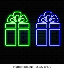 Neon Glowing Gift box icon. neon gift box. Gift box. Happy Birthday concept. Outer glowing effect banner on the black background..blue.