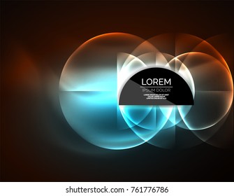 Neon glowing glass transparent circles, abstract background. Techno template, vector illustration, magic energy concept