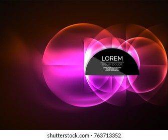 Neon glowing glass transparent circles, abstract background. Techno template, vector illustration, magic energy concept