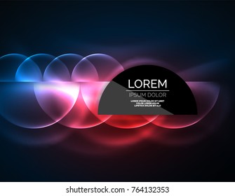 Neon glowing glass transparent circles, abstract background. Techno template, vector illustration, magic energy concept