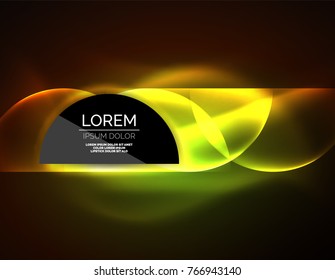 Neon glowing glass transparent circles, abstract background. Techno template, vector illustration, magic energy concept