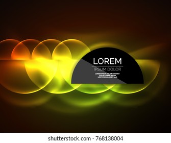 Neon glowing glass transparent circles, abstract background. Techno template, vector illustration, magic energy concept