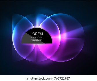 Neon glowing glass transparent circles, abstract background. Techno template, vector illustration, magic energy concept