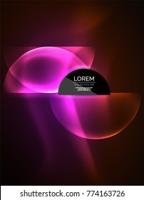 Neon glowing glass transparent circles, abstract background. Techno template, vector illustration, magic energy concept