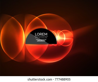 Neon glowing glass transparent circles, abstract background. Techno template, vector illustration, magic energy concept