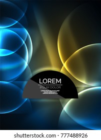 Neon glowing glass transparent circles, abstract background. Techno template, vector illustration, magic energy concept