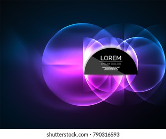 Neon glowing glass transparent circles, abstract background. Techno template, vector illustration, magic energy concept