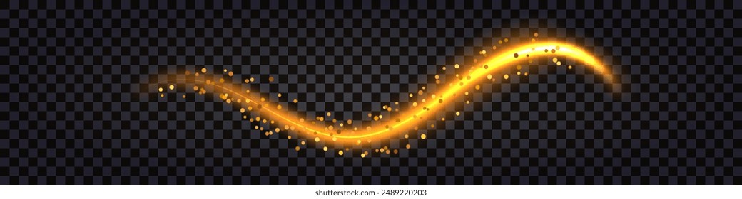 Neon glowing golden wave swirl, light glow and flash effect. Wave trail eith sparkles, yellow luminous curve. Isolated on transparent background, design element. Vector illustration