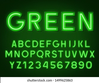 Neon Glowing Green 3d Letters And Numbers On A Dark Background.