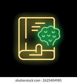 Neon glowing green brain training icon with notebook on black background representing online education