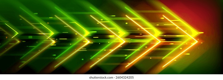 Neon glowing green orange arrow shapes background - speed boost, growth direction concept. Futuristic digital abstract vector illustration with bright overlapping dynamic lines, technology style.