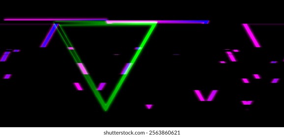 Neon glowing green triangle, surrounded by intersecting lines and scattered pixels in shades of pink, purple, and blue. The composition evokes a sense of digital glitch or a futuristic.