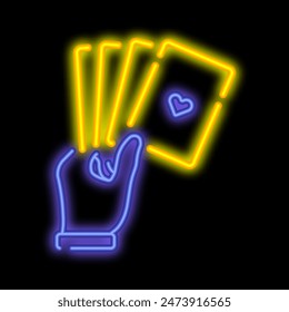 Neon glowing hand holds playing cards. Professional gambling poker in casino. Glowing neon icon isolated on black background