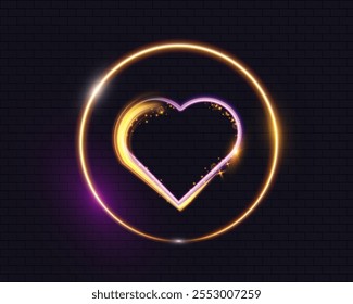 Neon glowing heart with golden and purple light trails, circular frame on dark brick background.