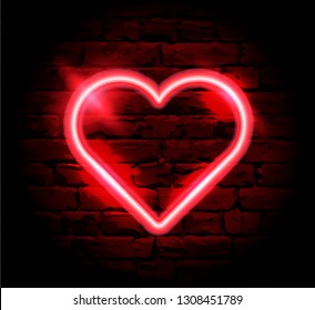 Neon glowing heart on brick wall background. Synthwave style aesthetics.
