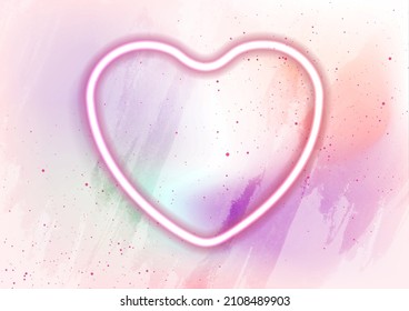 Neon glowing heart on pastel grunge watercolor background. Valentines Day abstract vector design