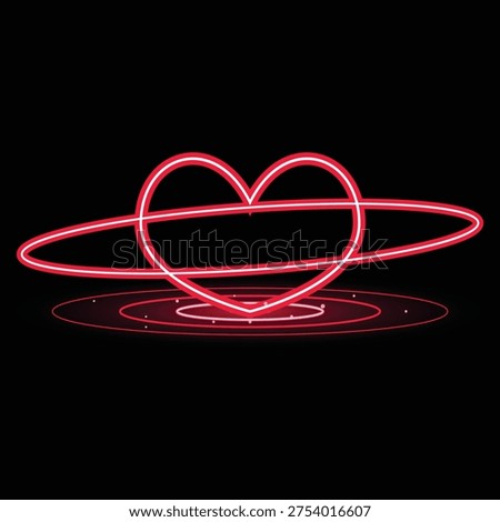 Neon Glowing Heart with Orbit Rings Futuristic Romantic Love Symbol on Dark Background.