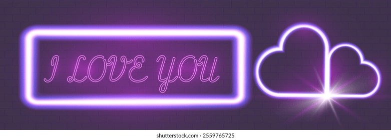 Neon glowing heart-shaped cloud with purple and pink light effects, bright star flares, and "I love you" cursive text on a dark background, perfect for romantic or Valentine's Day concepts.