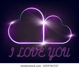 Neon glowing heart-shaped cloud with purple and pink light effects, bright star flares, and "I love you" cursive text on a dark background, perfect for romantic or Valentine's Day concepts.