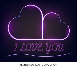 Neon glowing heart-shaped cloud with purple and pink light effects, bright star flares, and "I love you" cursive text on a dark background, perfect for romantic or Valentine's Day concepts.