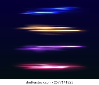 Neon glowing horizontal lines, laser beams, and particle motion create an acceleration effect, with bright red and blue speed rays and abstract lens flares, forming an exciting visual composition.	