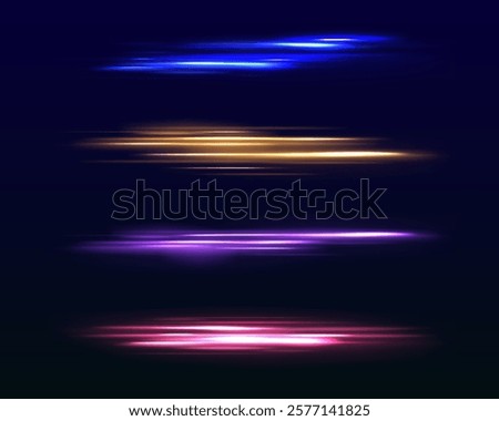 Neon glowing horizontal lines, laser beams, and particle motion create an acceleration effect, with bright red and blue speed rays and abstract lens flares, forming an exciting visual composition.	