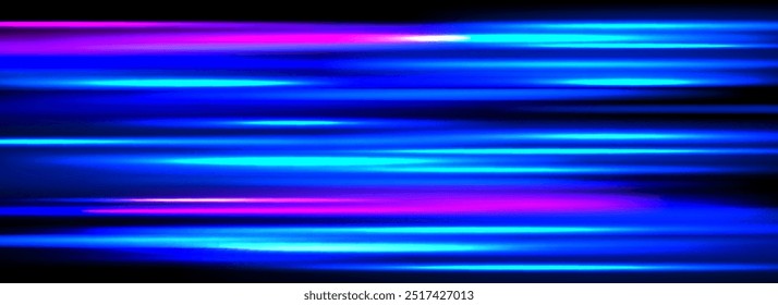 Neon glowing horizontal stripes background. Bright blue speed light effect. Magic trail flare lines texture. Luminous laser beams and rays wallpaper design. Sparkling neon streaks backdrop. Vector